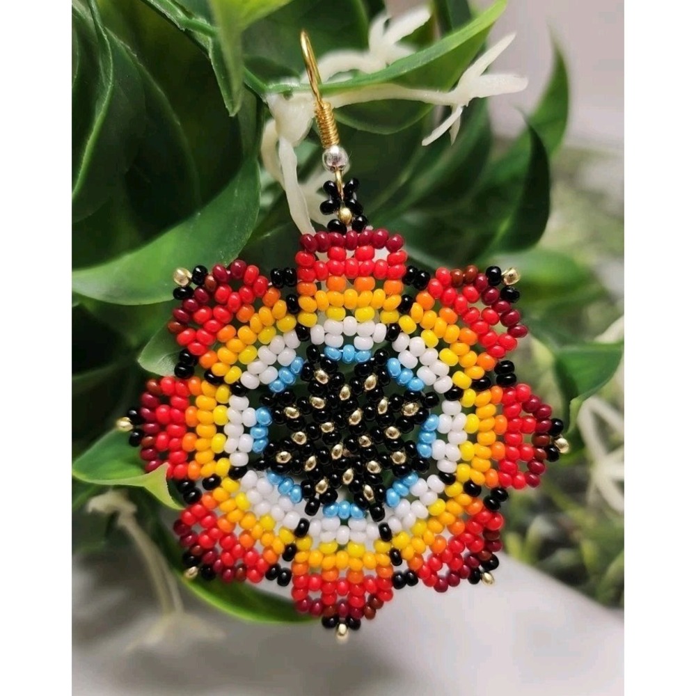 Handmade Women's Native Flower Beaded Earrings. Multicolor - Picture 5 of 5